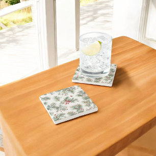 Holiday Woodland Pine & Red Berries Design Stone Coaster