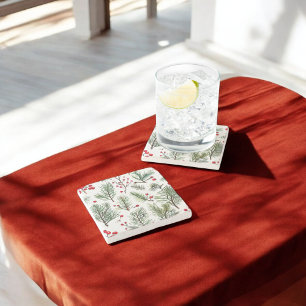 Holiday Woodland Pine & Red Berries Design Stone Coaster