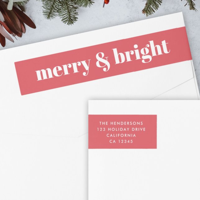 Holiday Wrap Around Labels | Christmas Stickers (“Merry & Bright” envelope wrap address label by Guava for your festive mail)