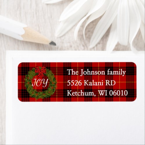 Holiday wreath and plaid return address label