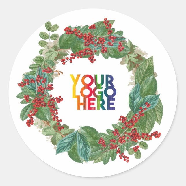 Holiday Wreath Business Logo Christmas  Classic Round Sticker (Front)