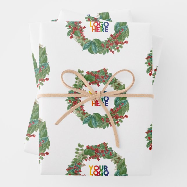 Holiday Wreath Business Logo Christmas  Wrapping Paper Sheets (In situ)