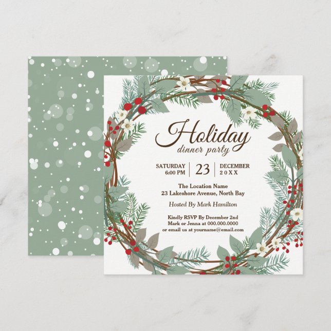 Holiday Wreath Christmas Dinner Party Invitation (Front/Back)