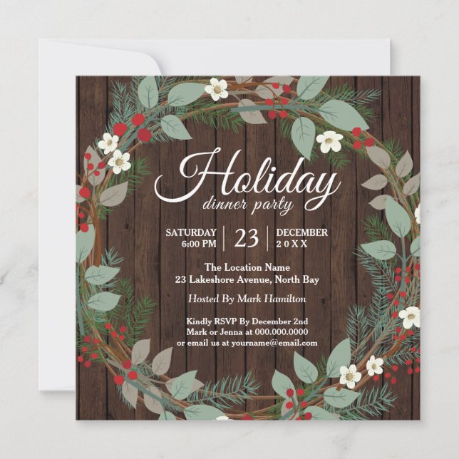 Holiday Wreath Christmas Dinner Party Invitation (Front)