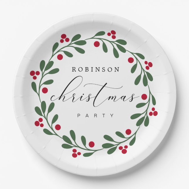 Holiday Wreath Christmas Party Personalized Paper Plates (Front)