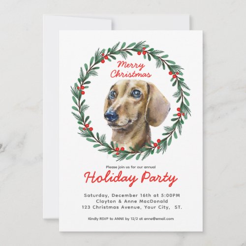 Holiday Wreath Dachshund Dog Merry Christmas Party Invitation