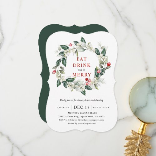  Holiday Wreath Eat Drink Merry party invitation