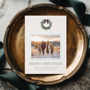 Holiday Wreath Festive Modern Merry Christmas Letterpress Photo Cards