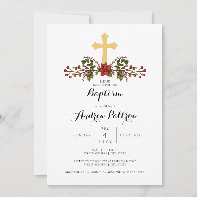 Holiday Wreath Gold Cross Baptism Invitation (Front)