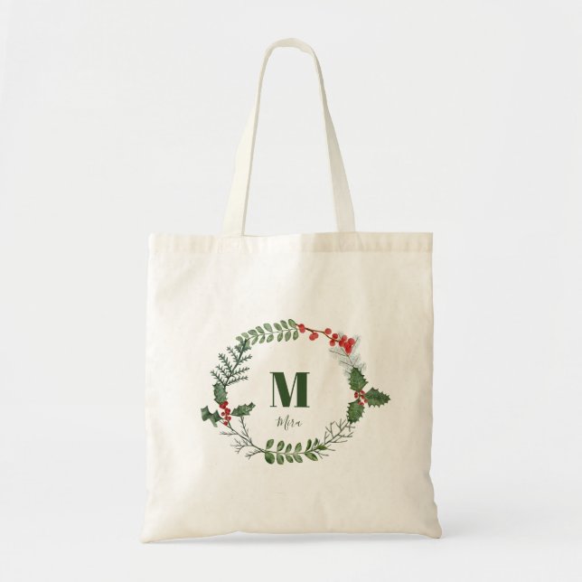Holiday Wreath Greenery Berry Initial Personalized Tote Bag (Front)