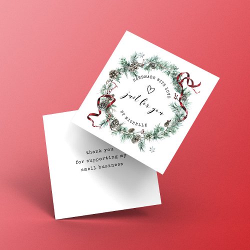 Holiday Wreath Handmade With Love Script Thank You Enclosure Card