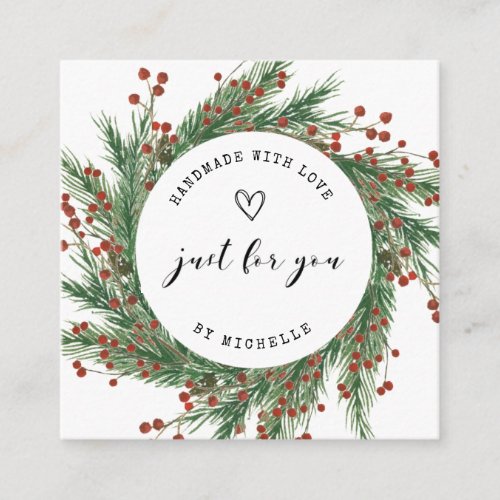 holiday wreath handmade with love script thank you enclosure card