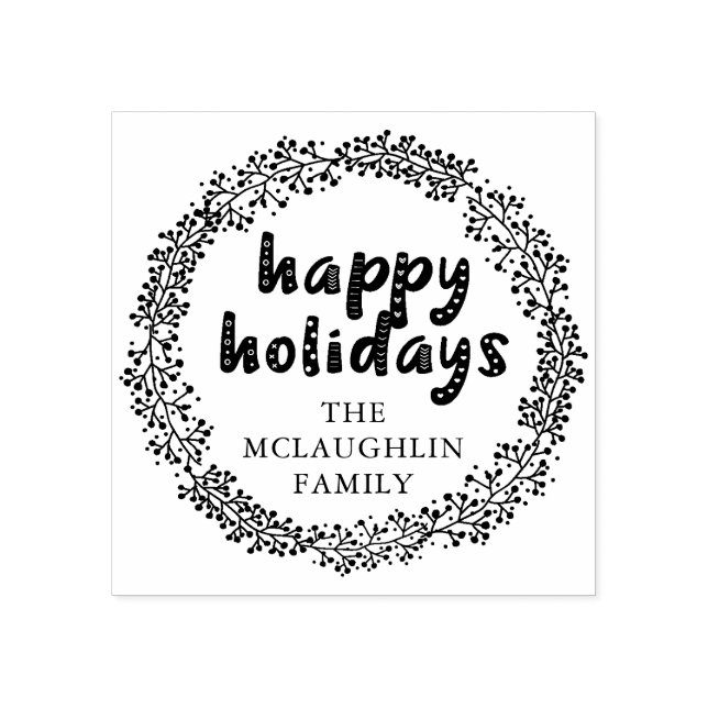 Holiday Wreath Happy Holidays Custom Rubber Stamp (Imprint)