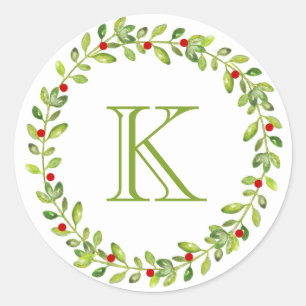 Holiday Wreath Initial Monogram, Green Classic Round Sticker