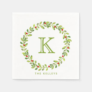 Holiday Wreath Initial Monogram, Green Napkins