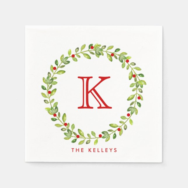 Holiday Wreath Initial Monogram, Red Paper Napkins (Front)