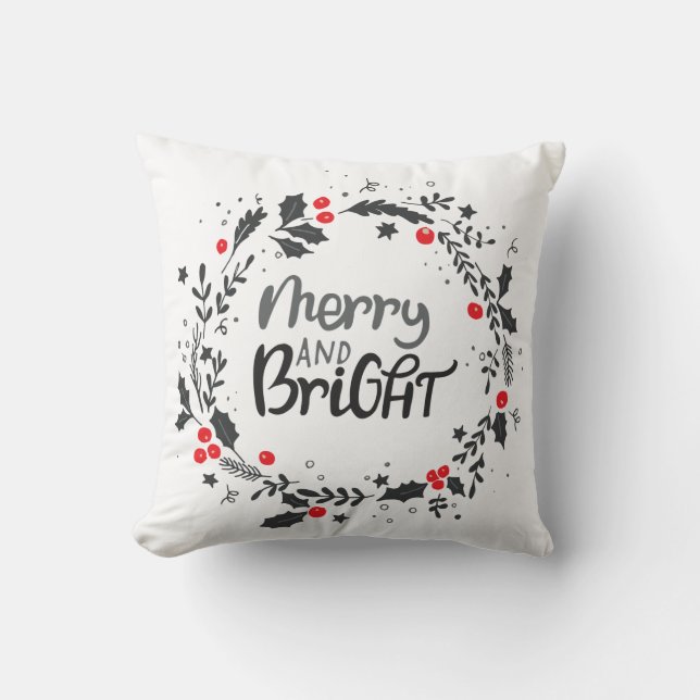 Holiday Wreath Merry and Bright Typography Throw Pillow (Front)