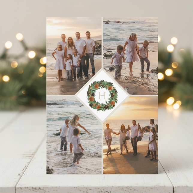 Holiday Wreath Monogram Multi Photo Christmas Card (Creator Uploaded)