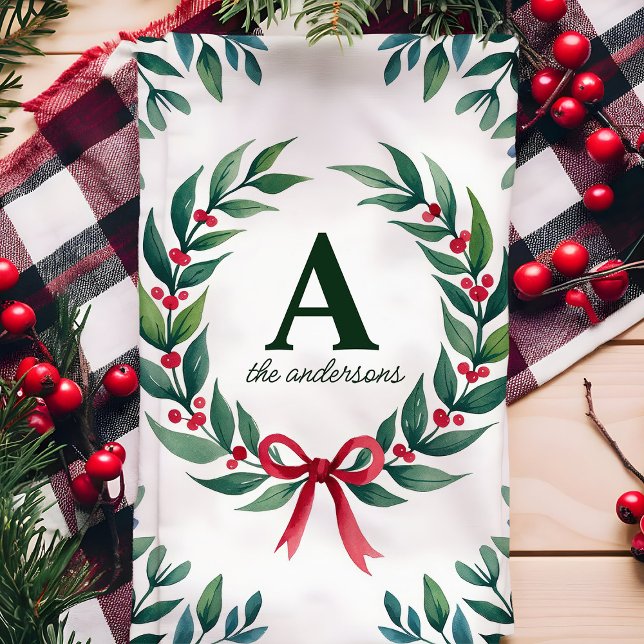 Holiday Wreath Monogram Personalized Christmas Kitchen Towel (Creator Uploaded)