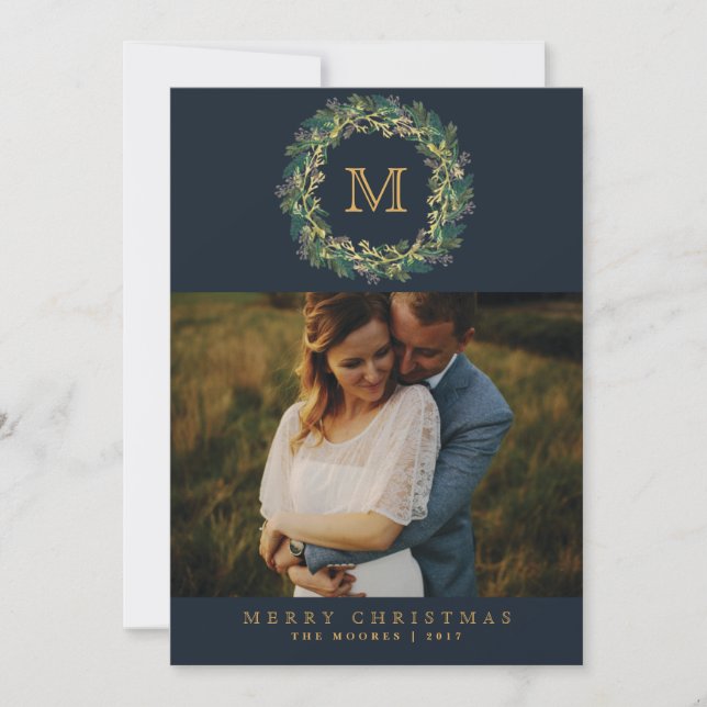 Holiday Wreath Monogram Photo Card (Front)