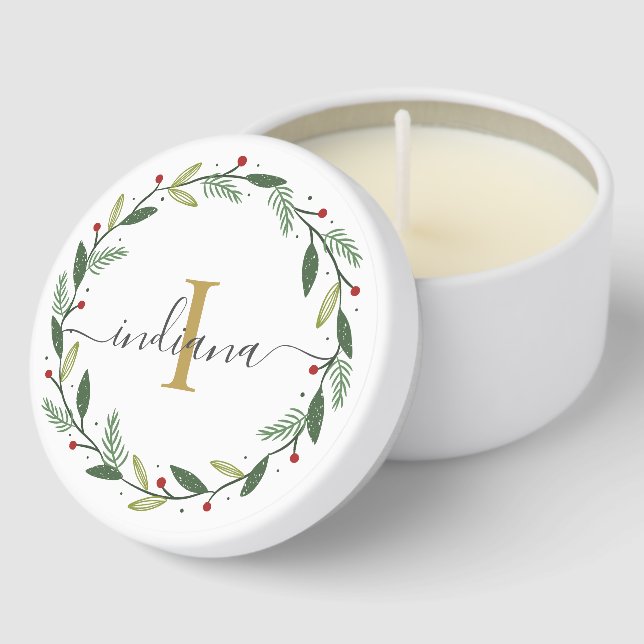 Holiday Wreath Monogram Script Christmas Custom Mini Candle Favors (Corner)