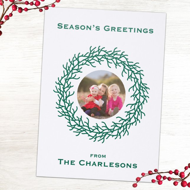 Holiday Wreath Personalized Letterpress Photo Cards (Modern Letterpress personalized custom name and photo botanical wreath Christmas Holiday card)