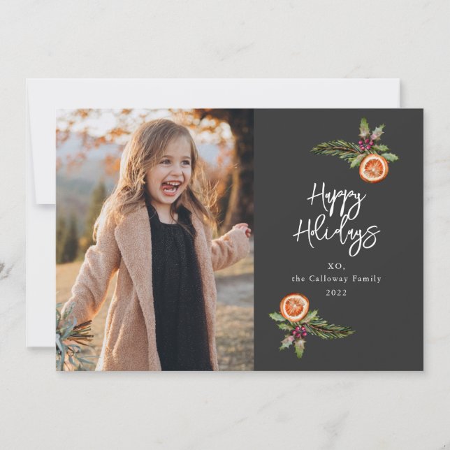 Holiday Wreath Photo Charcoal Holiday Card (Front)