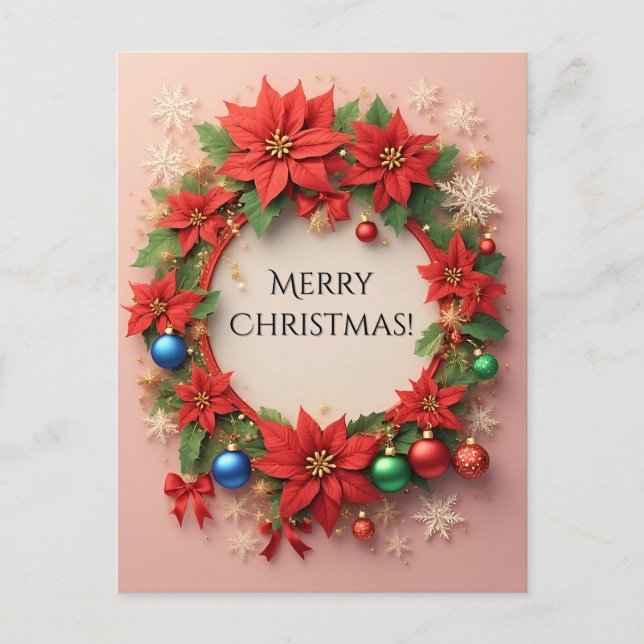 Holiday Wreath 🎄✨ Poinsettia Baubles Golden Glow Postcard (Front)