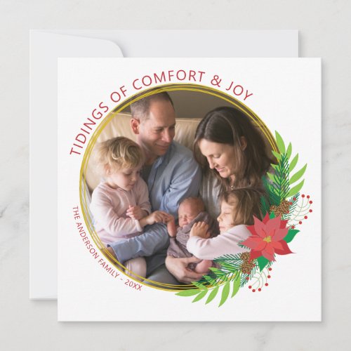 Holiday Wreath Poinsettia Photo Christmas Card