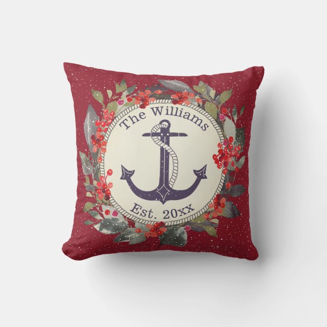 Holiday Wreath Red Berries Nautical Blue Anchor Outdoor Pillow (Front)