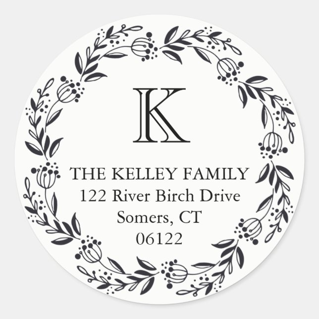 Holiday Wreath Rustic Black Initial Monogram Classic Round Sticker (Front)