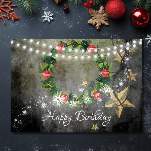 Holiday Wreath Stars n Lights with Snow Birthday Card