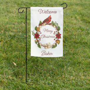 Holiday wreath with custom text garden flag