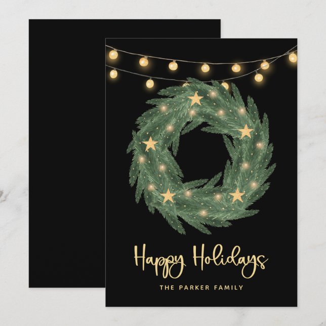 Holiday Wreath with Gold String Lights on Black (Front/Back)