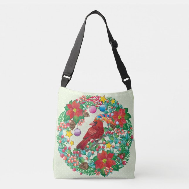 Holiday Wreath with Red Cardinal Bird Crossbody Bag (Front)