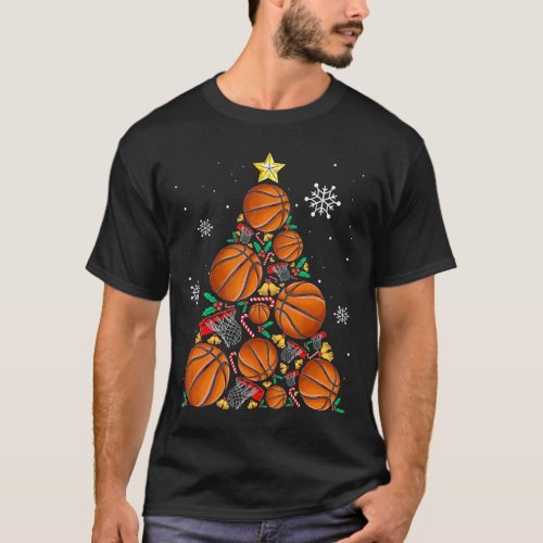 Holiday Xmas Lights Santa Basketball Christmas Tre T_Shirt