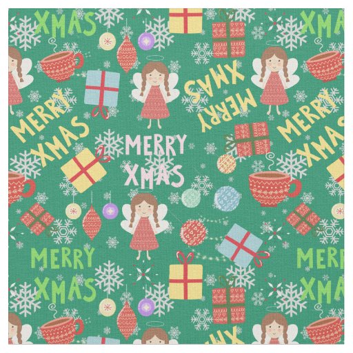 Holiday Xmas text girly ornaments red and green    Fabric
