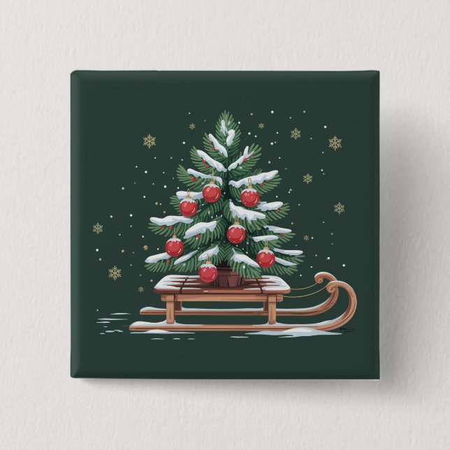 Holiday Xmas Tree Sleigh Winter Holiday Snowflakes Button (Front)