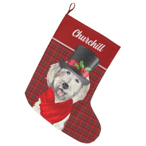 Holiday Yellow Labradoodle Plaid and Dogs Name Large Christmas Stocking