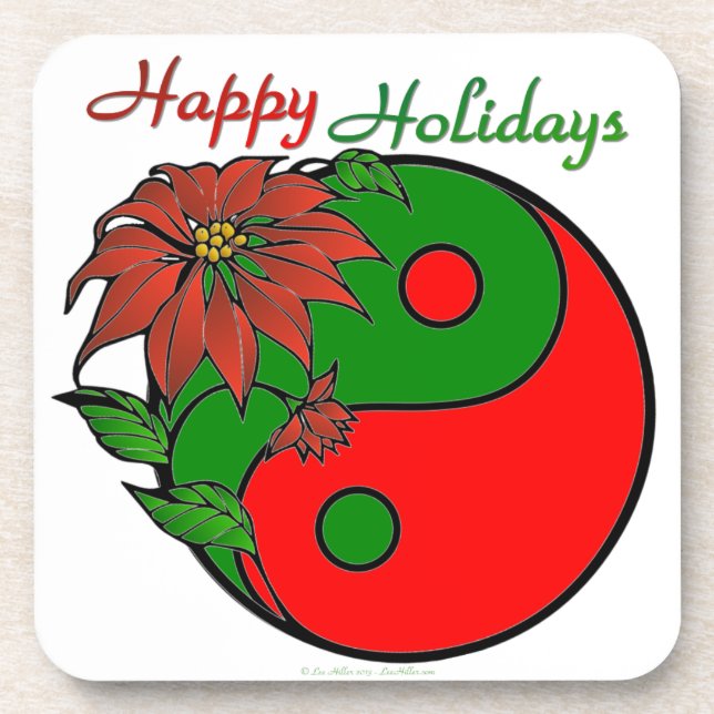 Holiday Yin Yang Poinsettia Green Red Beverage Coaster (Front)