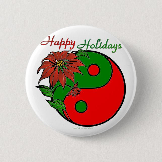 Holiday Yin Yang Poinsettia Green Red Button (Front)