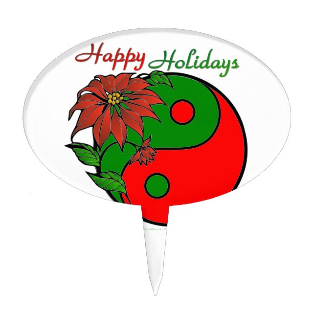 Holiday Yin Yang Poinsettia Green Red Cake Topper (Front)