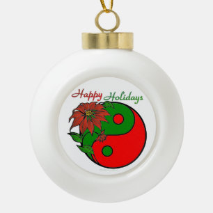 Holiday Yin Yang Poinsettia Green Red Ceramic Ball Christmas Ornament