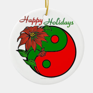 Holiday Yin Yang Poinsettia Green Red Ceramic Ornament