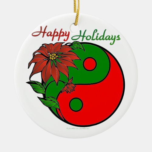 Holiday Yin Yang Poinsettia Green Red Ceramic Ornament