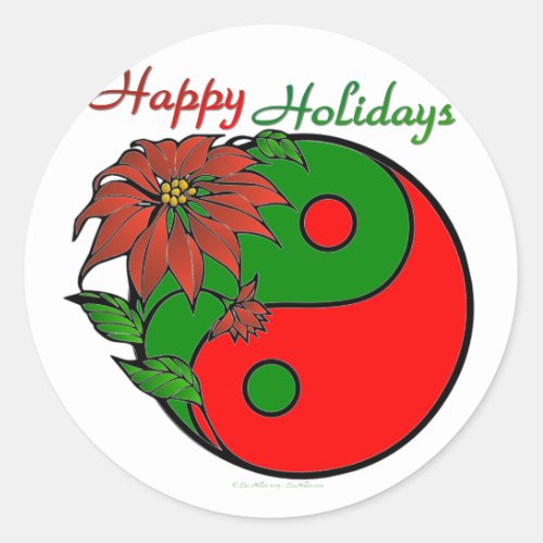 Holiday Yin Yang Poinsettia Green Red Classic Round Sticker