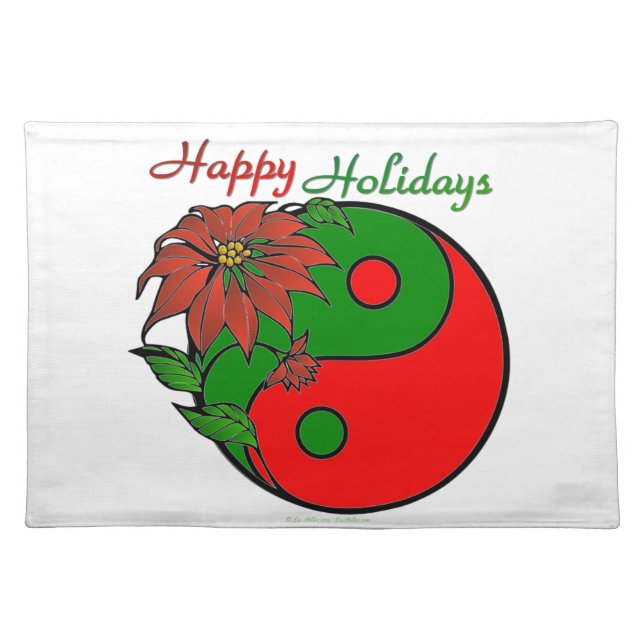 Holiday Yin Yang Poinsettia Green Red Cloth Placemat (Front)