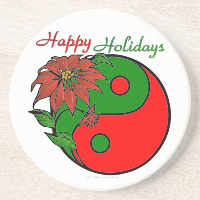 Holiday Yin Yang Poinsettia Green Red Drink Coaster (Front)