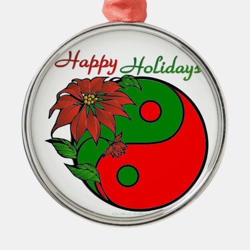 Holiday Yin Yang Poinsettia Green Red Metal Ornament
