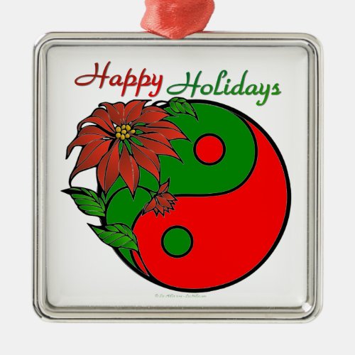 Holiday Yin Yang Poinsettia Green Red Metal Ornament